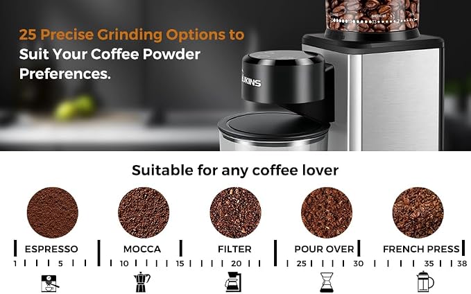 Electric Coffee Grinder for Home & Cafés: Automatic 25-Setting Conical Burr coffee grinder with 120g Expandable Hopper Durable - Anti-Static & Quiet Grinding Perfect for Multi-Cup Brewing