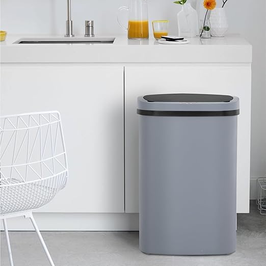 BestOffice Broken-Resistant Plastic Trash Can with Touch Free Lid - High-Capacity 49L (13 Gallon) Garbage Can for Bedroom, Bathroom, Home Office, Kitchen (1, Gray)