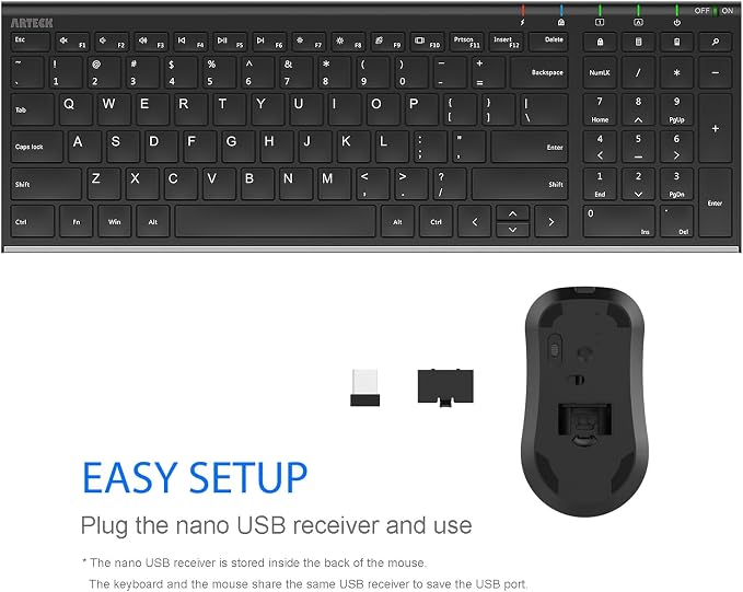 Arteck 2.4G Wireless Keyboard and Mouse Combo HW193MW162 Stainless Ultra Slim Full Size Keyboard and Ergonomic Mouse for Computer Desktop PC Laptop and Windows 11/10/8/7 Build in Rechargeable Battery