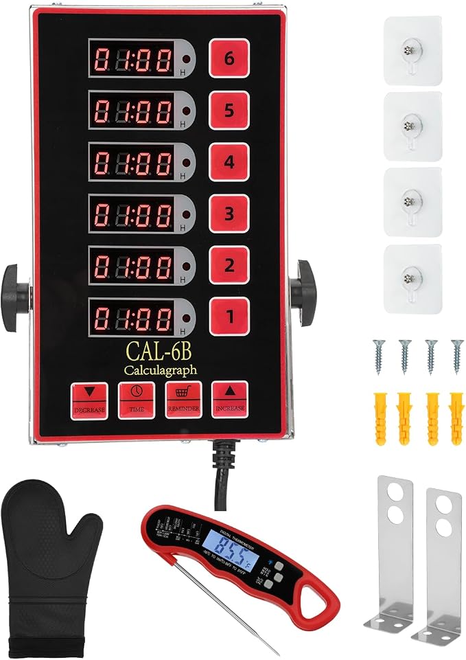 Commercial Kitchen Timer for Cooking, 6 Channel Timer Restaurant Kitchen Supplies, Heavy-Duty Timer - Stainless Steel | Digital LED Technology | Reminder Function | Loud Alarm