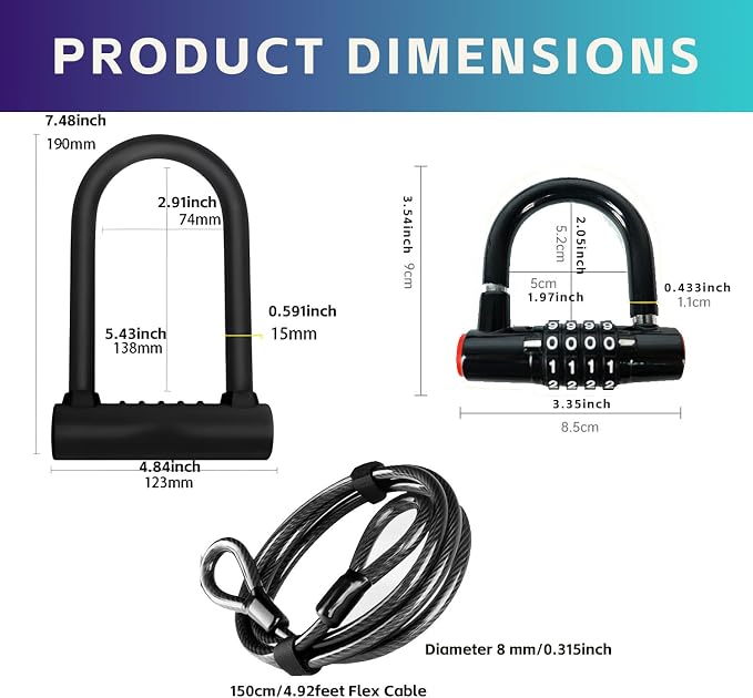 Bike Lock Set with 2 Types of Bicycle Locks, Bike U Lock with 4.9ft Security Steel Cable, Heavy Duty Anti Theft Bicycle U Lock with Mounting Bracket for Road, Mountain, Folding Bike and Scooter