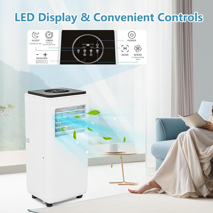 8000 BTU Portable Air Conditioners, 3-in-1 Portable AC Unit with Remote Control, Cool, Dehumidifier & Fan Modes for Rooms up to 350 sq.ft, Sleep Mode, 24-Hour Timer & Window Kit