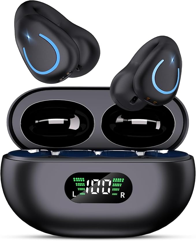 Open Ear Bone Conduction Headphones, Bluetooth Lightweight Clip On Earbuds Comfort with Digital Display Charging Case Sport Earphones Built-in Mic Waterproof for Running Fitness Exercise, Matte Black