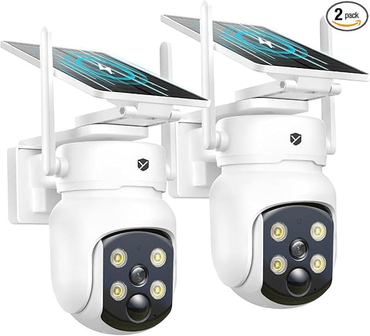 Security Cameras Wireless Outdoor, Solar Camera with 2-in-1 Solar Panel, 4MP PTZ WiFi Camera, 360° Coverage, Dual-Band 2.4/5GHz, Color Night Vision Spotlight, Human Detection, No Monthly Fee, 2 Packs