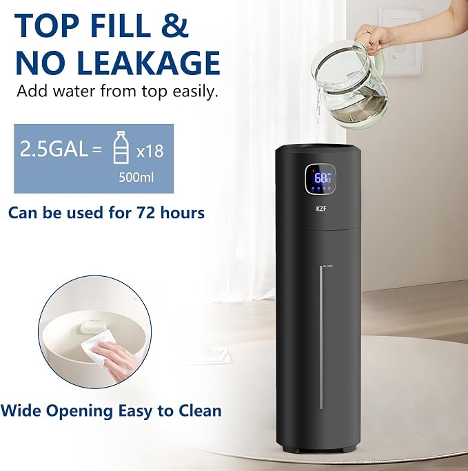 KZF Humidifier Large Room, 9L Humidifiers for Bedroom, Ultrasonic Cool Mist Humidifiers with Humidistat, 360°Nozzle, 350ML/H Big Mist Level, Suitable for Baby Livingroom Yoga Office Plants Home