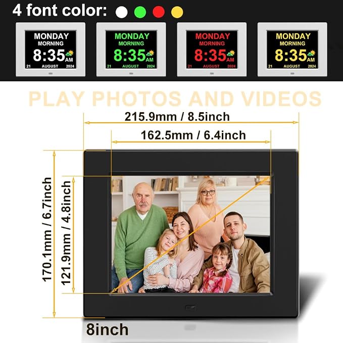 8‘’ Digital Calendar Day Clock, Gifts for People with Dementia Alzheimers, Large Display Alarms Clock for Seniors Electric Clocks with Date Day of Week 12 Alarms 4 Colors Auto DST/Dimmer