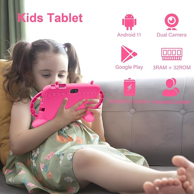 MengDash Kids Tablet, Android 11 Tablet for Kids 7 inch 2-10, Educational Learning Toddler Tablet, Touch Screen 3GB RAM+32GB ROM Storage, Google Play YouTube, Baby Girl boy Present (Red)