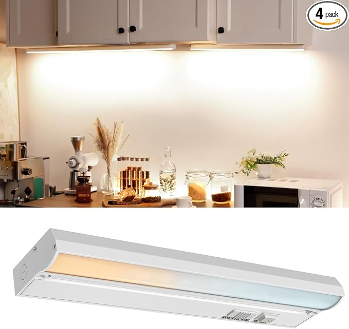 4 Pack 24" Hardwired Under Cabinet Lighting for Kitchen, 18W 1200LM, 3 Color Temperatures (3000K/4000K/5000K), Quick Install Under Counters Light for Cabinets, Workspaces, YT-4201B-24-4