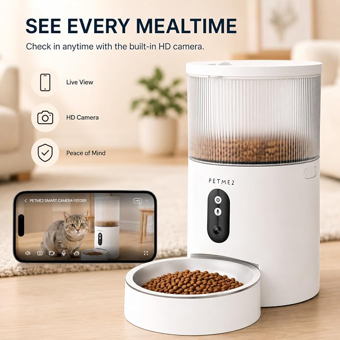 Automatic Cat Feeder with Camera, App Control, 2-Way Audio, Timed Dry Food Dispenser for Cats & Small Dogs, Smart WiFi Pet Feeder, Dual Power, Anti-Jam, Stainless Steel Bowl