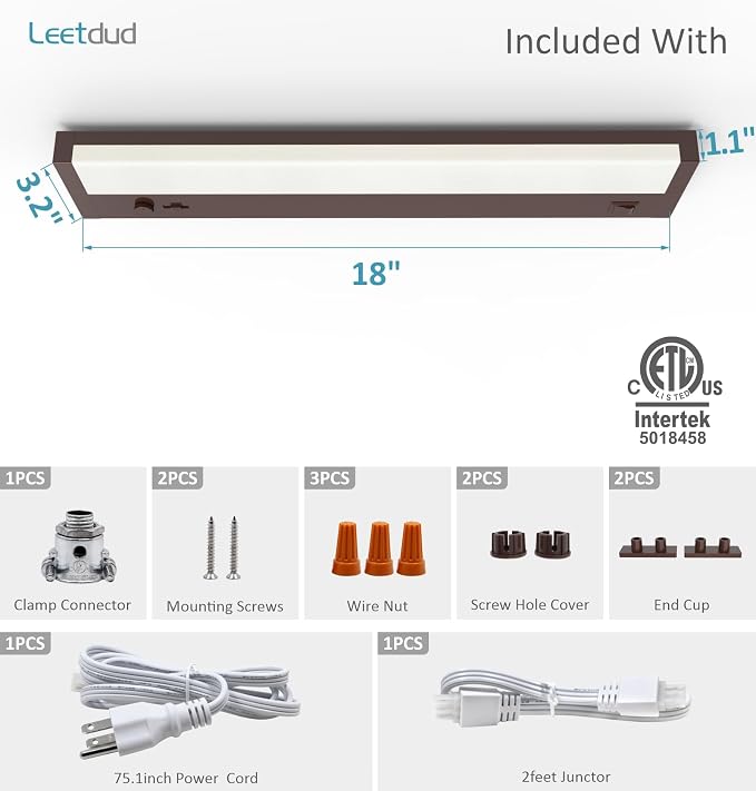 Leetdud Under Cabinet Lighting Plug in or Hardwired Built-in Dimmer, 18 Inch 9W, 5CCT 2700/3000/3500/4000/5000K, Linkable Counter Lights for Kitchen, ETL Dimmable LED Light Fixture, Bronze