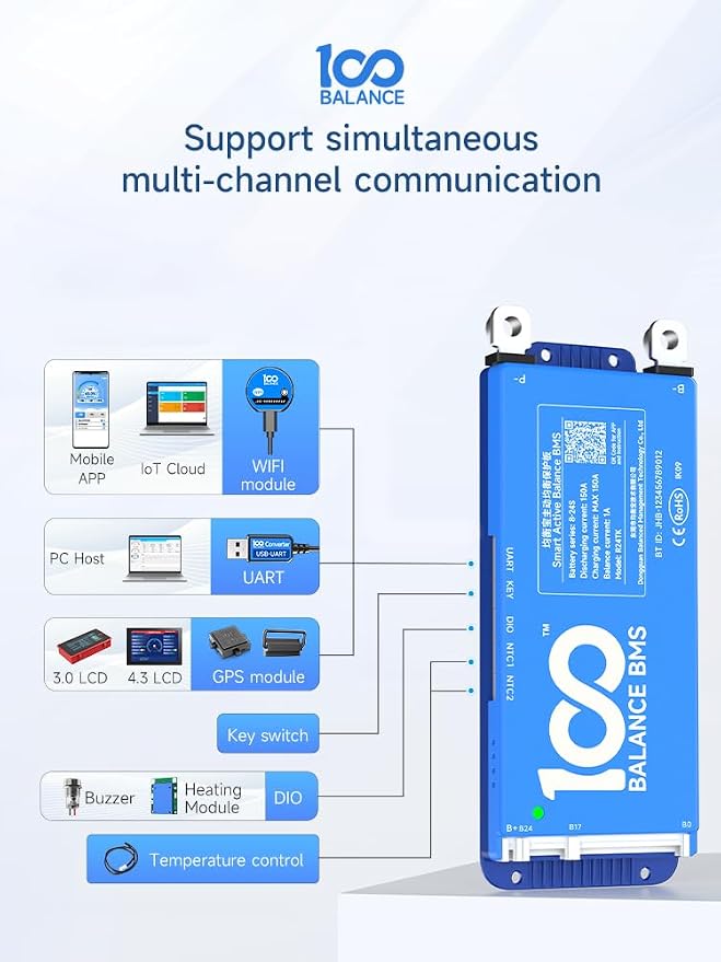 100BALANCE BMS 150A Active Balance 1A 8S-24S Build in Bluetooth Cell Balancing Smart PCB Battery Protection Board for Li-ion/Lifpo4/LTO Lithium Battery Pack