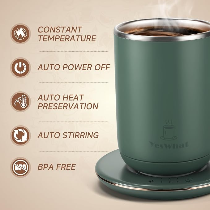 Yeswhat Self Heating and Stirring Coffee Mug,10 oz Temperature Control Mug | Electric Coffee Cup for Desk Auto Shut Off Warming Mug Gifts for Coffee Lovers