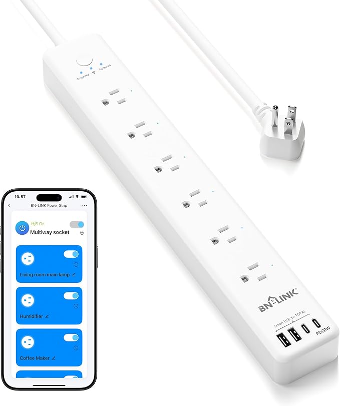 BN-LINK Smart WiFi Power Strip Surge Protector, 6 Individually Controlled Outlets, 4 USB Ports with 20W USB-C Fast Charging, Alexa & Google Home Compatible, App Timer Control