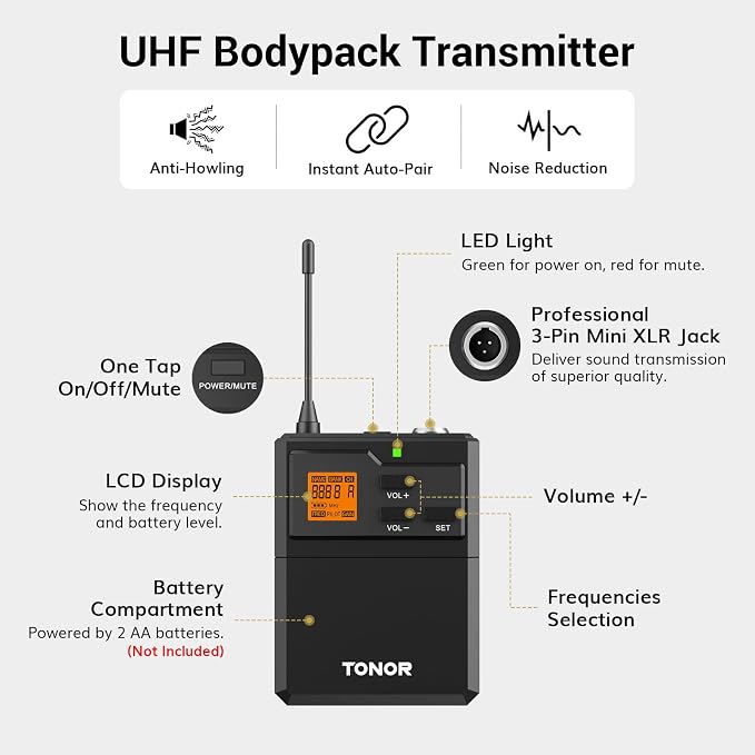 TONOR UHF Wireless Microphones System with Headset/Lavalier Lapel Mics, Bodypack Transmitter, Receiver, 4 * 10 Channels, 90 m/295ft Range for Live Singing Karaoke Church Party DJ, 4 Bodypack Mics
