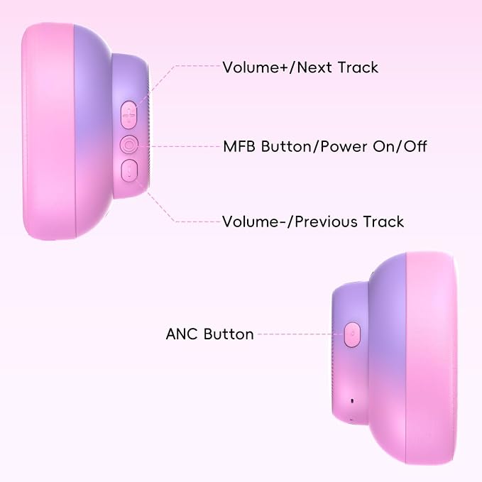 Candy Bila Active Kids Noise Cancelling Headphones, 60H Play Time Kids Bluetooth Headphones, Safe Volume, Bluetooth 6.0, USB C Charging, Headphones for iPad Tablet Airplane,Gradient Pink