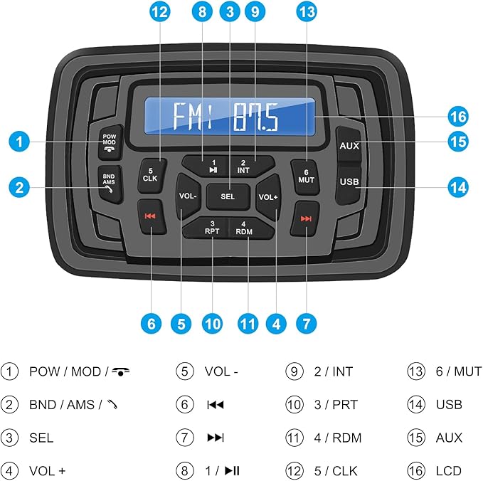 Marine Stereo Radio FM/AM USB for ATV UTV RZR XP900 Motorcycle Boat Golf Cart Truck SPA Powersports Car Vehicles Headunit Sound System Compatible with Bluetooth