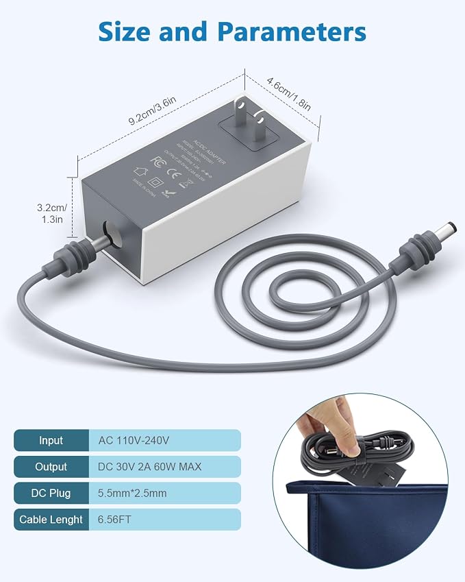 Starlink Mini 12V Power Supply Adapter 30V 2A 60W Wall Charger 2M Cable | 2M Waterproof DC Power Cable, 30V Stable Output, Zero Voltage Drop, No need to restart, 110V-240V Universal Fast Charging