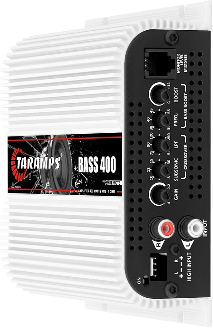 Taramps BASS 400 1 Ohm 1 Channel Mosfet Amplifier 400 Watts RMS, Monoblock, Crossover, Bass Boost, RCA/High Level Input, Class D, Car Audio, Monitor Level Remote/M1 Led Monitor, Great for Subwoofers