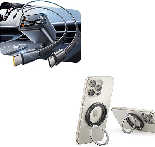 Bundle SUPERONE Smaller 4 in 1 Retractable Car Charger with Dual Type C Cords & Double Magnetic Ring Holder Grip
