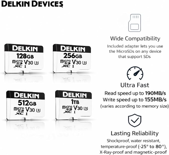 Delkin Devices Drone 128GB microSD Card UHS-I U3 V30 A2 – 190MB/s Read, 155MB/s Write – Designed for Drones, 4K UHD Video, DJI Compatible, microSDXC with Adapter (128GB)