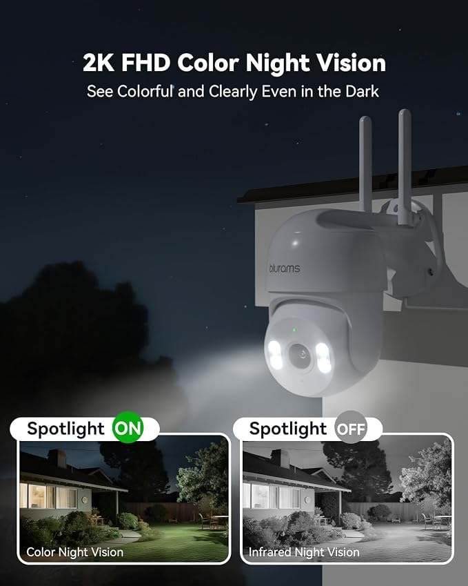 blurams 2Pack Security Cameras Outdoor Wired, 2K 360° PTZ Outdoor Security Camera, Weatherproof, 24/7 Recording with SD Card, Color Night Vision, AI Human Tracking, 2.4/5GHz WiFi6, Work with Alexa