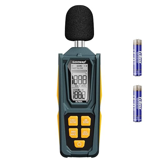 Decibel Meter, Goldeep SL750A Digital Sound Level Meter 30-130dB, A/C Weighted DB Meter with dB/SONE, Fast/Slow, MAX/MIN, LCD Sound Meter for Home, Office, Factory, Neighbor Noise - Ginger Yellow