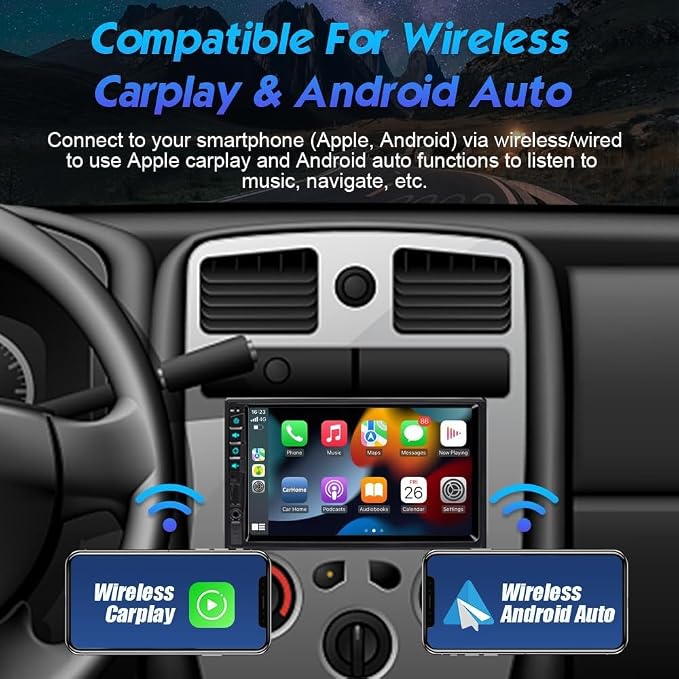 7 inch Double Din Car Stereo for Wireless Carplay & Android Auto with Voice Control,Bluetooth5.2 MirrorLink, Car Radio with Backup Camera,Touch Screen SWC/USB/SD AM/FM/AUX