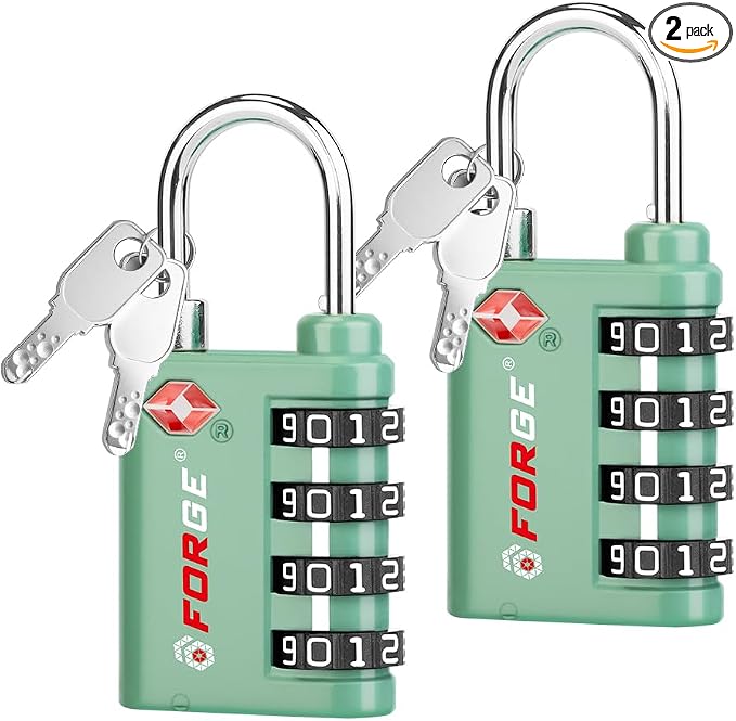 Forge Dual-Opening: Key or Combination Lock, TSA Approved Lock for Luggage, Pelican case, Travel, Gym, School, Luggage Combination Lock, Travel Bag Lock (Green 2 Pk)