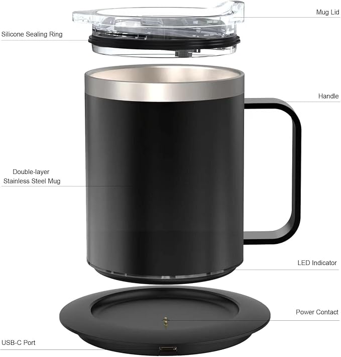 Coffee Warmer with Mug Set, USB Powered Heated Cup with 10H Auto Shut-Off, 131℉ Self Heating Coffee Mug for Desk (Black-12oz)