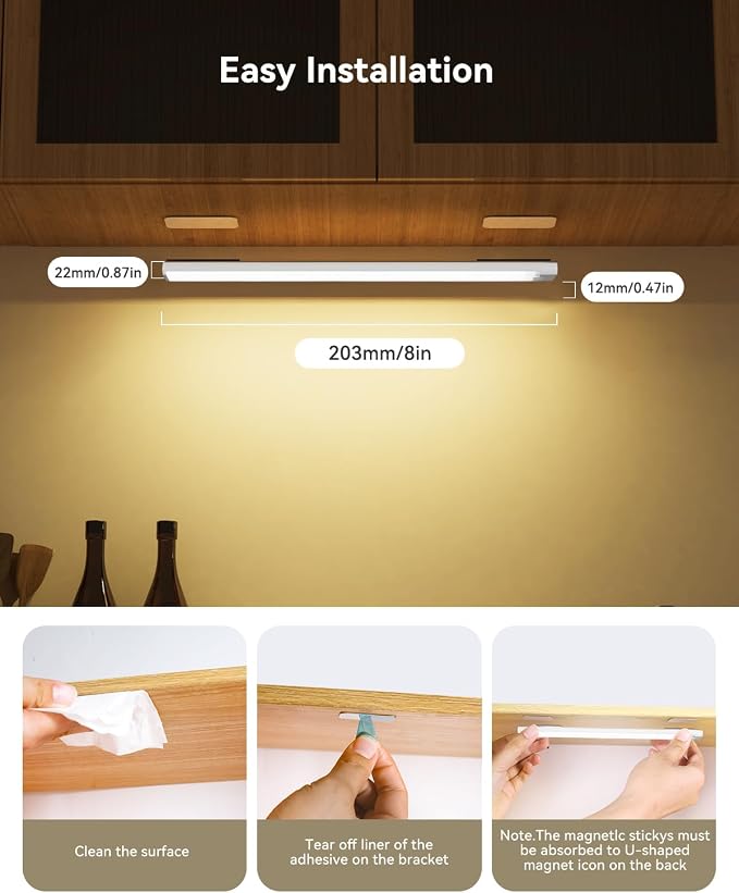 6-Pack Under Cabinet Lighting with Charging Station 8.1-Inch Rechargeable Motion Sensor Light Indoor 3 Color Dimmable Closet Light, USB Stick on LED Magnetic Under Counter Lights for Kitchen Shelf