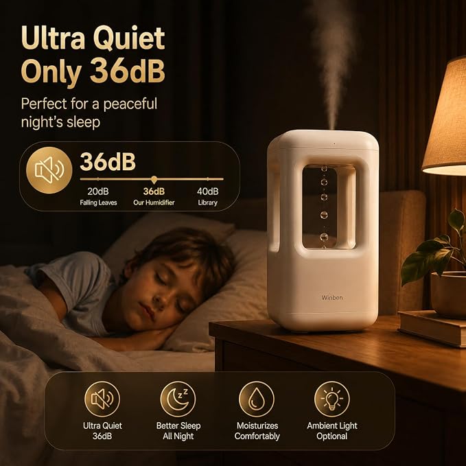 0.6L White Mini Humidifier with Anti-Gravity Water Drop Effect, Cool Mist Desktop Humidifier for Bedroom, Office Desk, Nightstand & Indoor Plants, 36dB Quiet, Night Light, Auto Shut-Off