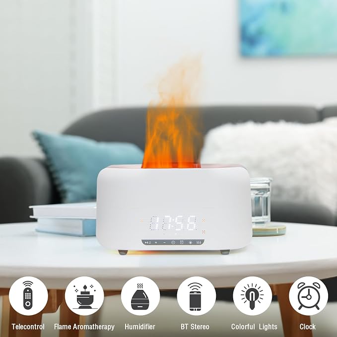 Aroma Essential Oil Diffuser & Humidifier 400mL, 5-in-1 Flame Effect Ultrasonic Diffuser with Bluetooth Speaker, LED Night Light & Clock, Quiet Diffuser for Bedroom Sleep Relaxation (White)
