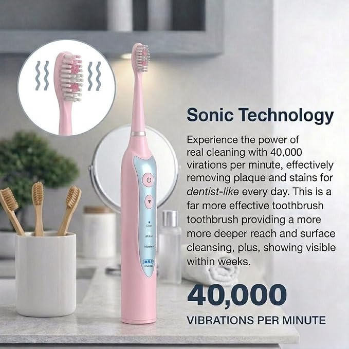 Sonic Electric Toothbrush for Adults, Rechargeable Power Toothbrush with 5 Replacement Heads, Travel Case, 3 Modes, 2 Minute Timer, IPX7 Waterproof Cordless Electric Toothbrush | Pink