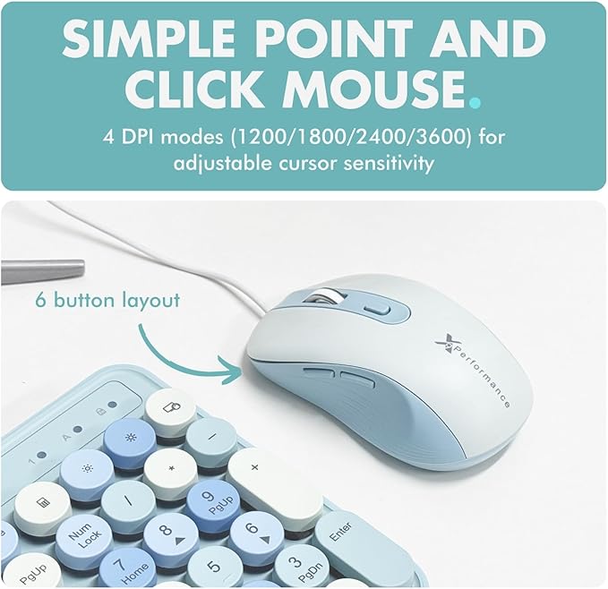 X9 Wired Keyboard and Mouse Combo with Backlight - Retro Typewriter Round Keycaps, Phone/Tablet Dock, 109 Fullsize Keys, Cute Colorful Blue Keyboard, Pastel Keyboard for Laptop, PC and Chromebook