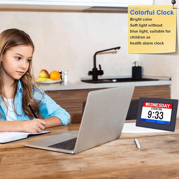 AINFTIME DST Clock with Day and Date for Elderly-3 Display Digital Calendar Alarm Day Dementia Alzheimers Clock with Extra Large Display (7in Black)