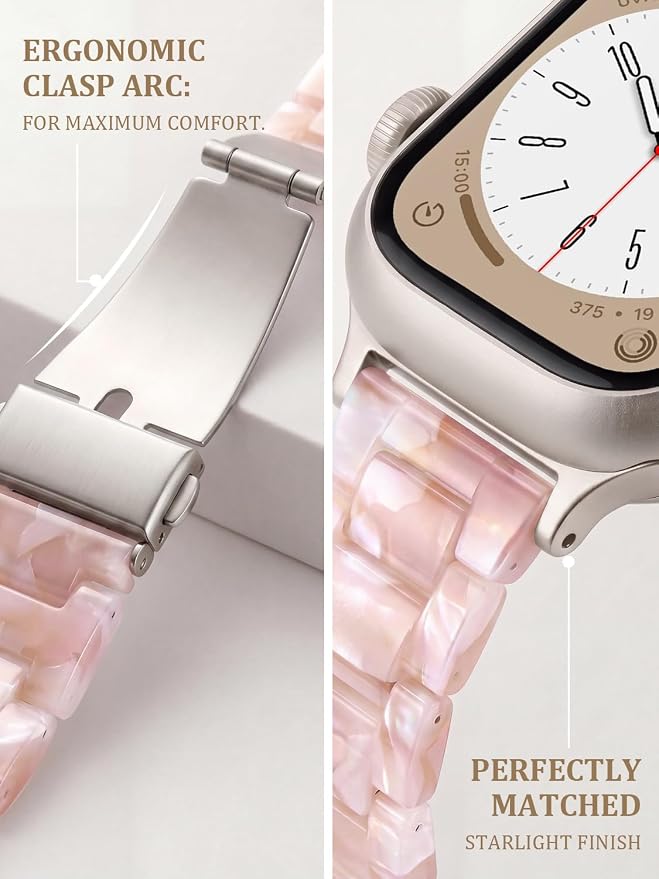 V-MORO Resin Bands Compatible with Apple Watch Series 11/10/9/8/7 41mm/42mm Fashion Dressy Lightweight Strap with Starlight Buckle for iwatch Series SE/6/5/4/3/2/1/SE3(Floral Pink,42mm/41mm/40mm/38mm)