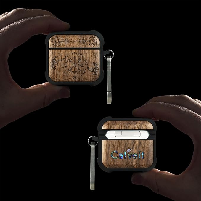 Carveit Wooden Case for AirPods 4 Case (2024) (USB-C) 4th Generation, Wood Artisan Engraved & TPU Shockproof Cover, Titanium Quick Released Clasp (The Guiding Vegvisir) Walnut