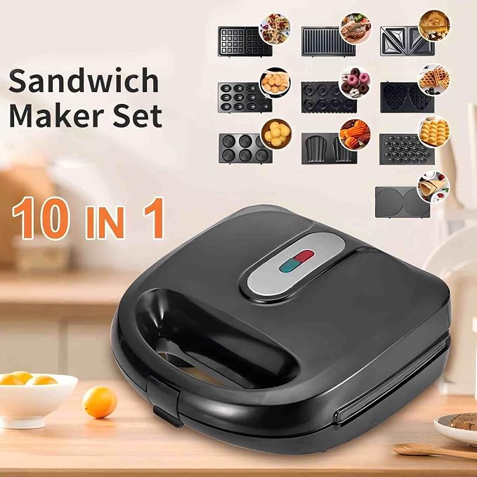10 in 1 Panini Press Sandwich Maker 750W,Egg Sandwich Maker Panini Press with Removable Non-Stick Paltes,Cool Touch Handle,Easy to Clean,for Making Breakfast,Egg,Mini Waffle,Kitchen Appliances,Black