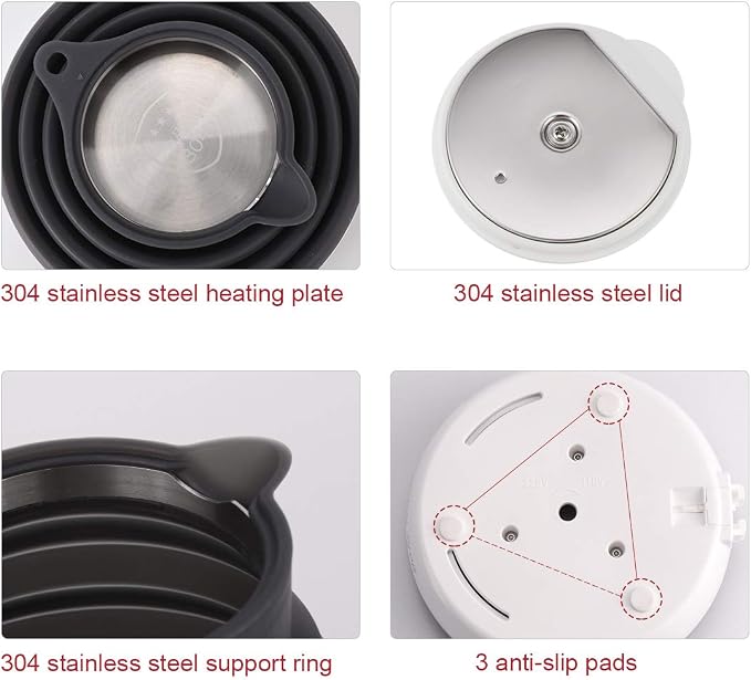 Ultrathin Upgraded Food Grade Silicone Travel Foldable Electric Kettle Boil Dry Protection Portable with Dual Voltage and Separable Power Cord,555ML 110-220V US Plug