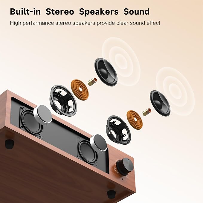 Vintage Record Player with Built-in Stereo Speakers Turntable Vinyls Records LP Phonograph Belt Drive 3 Speed 3 Size Support Wireless Input RCA Output Auto Stop Retro Wooden Walnut Red