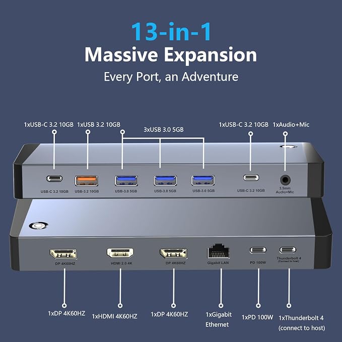 13-in-1 Laptop Docking Station 3 Monitors for Mac and Windows, USB C Hub with Triple 4K@60Hz (2DP+1HDMI), 100W PD Charging, One-Click Screen Off Switch, 10Gbps Data, Gigabit LAN, for Office and Gaming