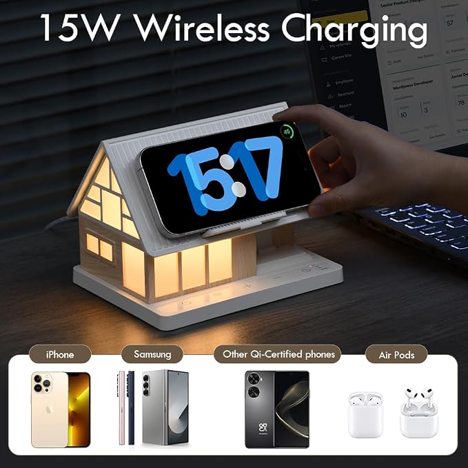 Night Light,House-Shaped Nightstand Light with 15W Wireless Charger and White Noise Machine,Touch Control 3-Level Dimmable Lamp with Timer, Sleep Aid Bedside Light for Bedroom Décor & Gift
