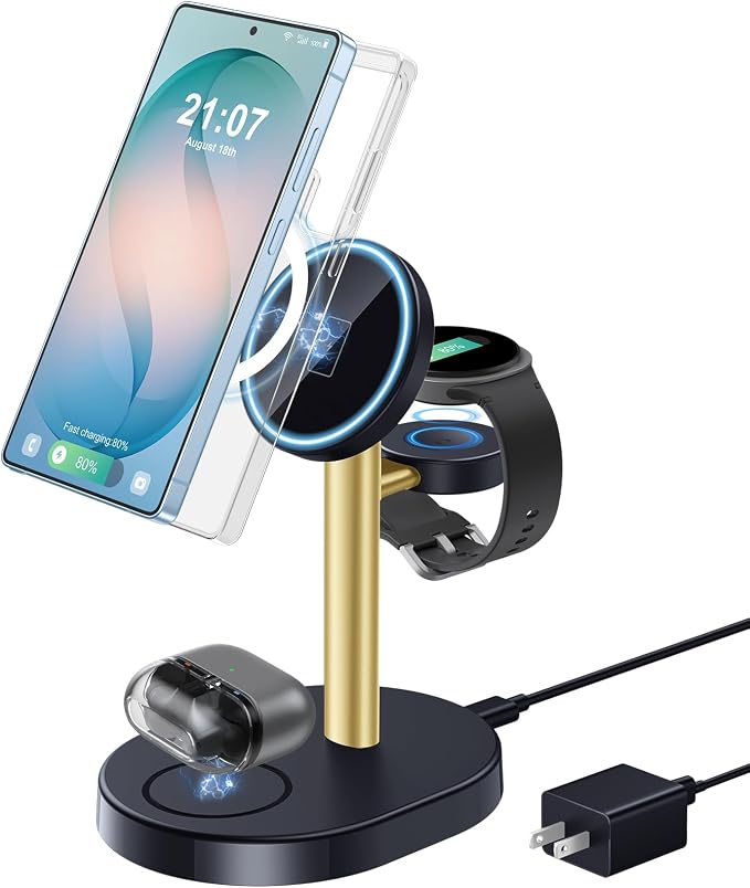 Hevanto 2026 3 in 1 Wireless Charger for Samsung Galaxy, 15W Magnetic Super Fast Charging Station for Samsung Galaxy S26 S25 S24 Ultra S23 Z Fold Flip Watch 8 7 Buds 4 3 2 Series, GoldBlack