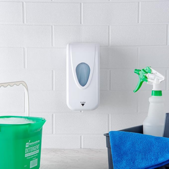 Restaurantware Clean Tek Professional 33 Ounce Manual Soap Dispenser 1 Wall-Mountable Soap Dispenser - For Gel Or Liquid Soap White Plastic Soap Dispenser Push Mechanism Transparent Tank