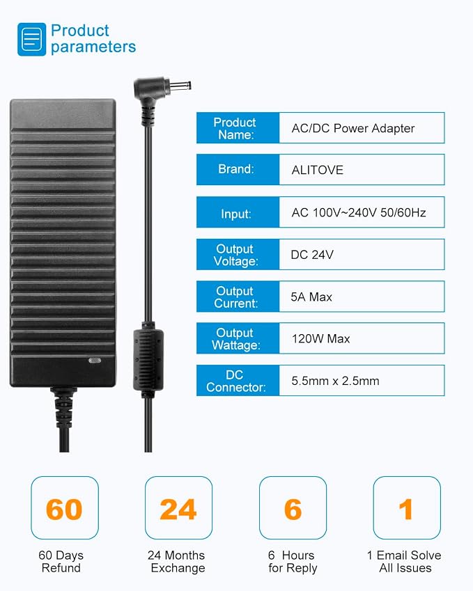 ALITOVE DC 12V Power Supply 10A 120W AC Adapter 100-240V 50-60HZ 12 Volt 10 Amp Transformer 13.4FT Power Cord with 5.5x2.5mm Output Jack for LED Strip Light CCTV Cameras 3D Printer