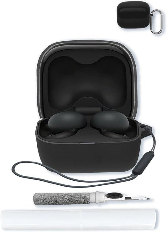 Case for Sony WF-L 910 LinkBuds Open Wireless Headphones,Soft Protective,Shockproof, BOVUGAC Silicone Case Cover with Keychain & Cleaning Kit & Lanyard-Black