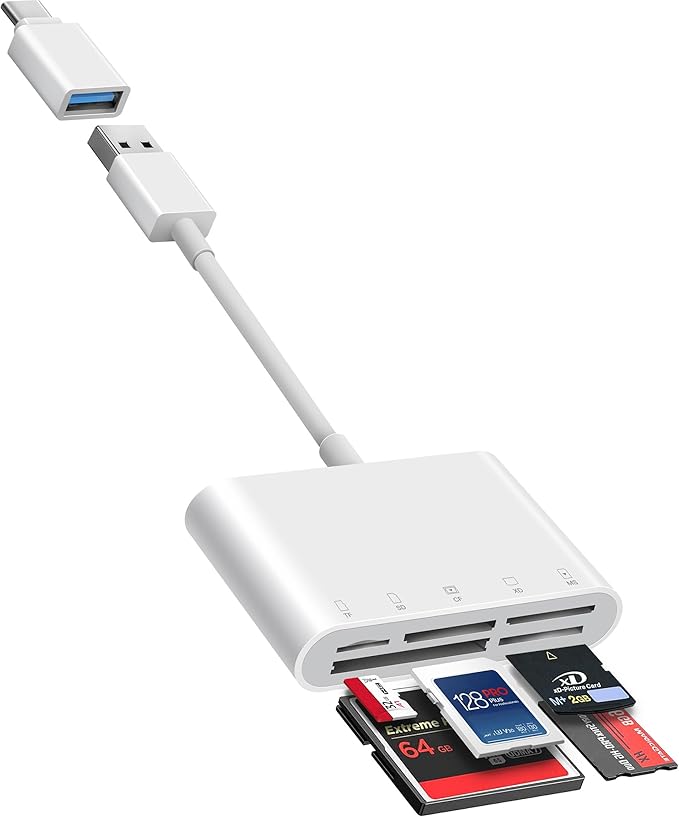 Fubiaofei SD Card Reader, 5 in 1 USB USB-C Dual Connector to SD/TF/CF/Micro SD/XD/MS Multi Memory Card Reader OTG Adapter -Compatible with Windows/Mac/Linux/Android, Plug & Play