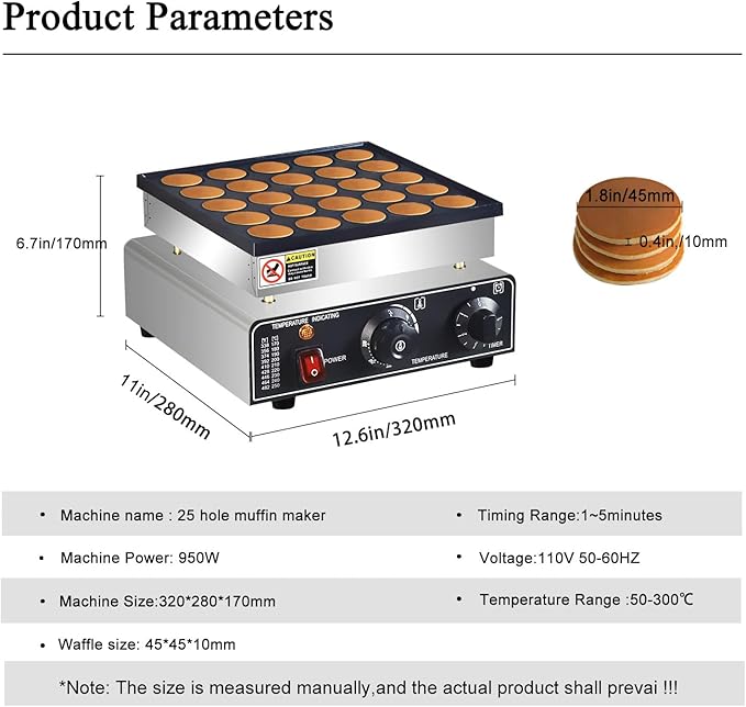 110V US Commercial 25PCS Mini Pancake Maker,950W Mini Dutch Pancake Maker,Non-stick,Dutch Poffertjes Grill,Stainless Steel,Breakfast,Snacks,Desserts.