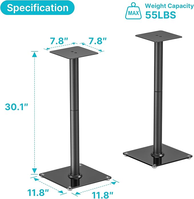 Speaker Stands Pair, 30" Fixed Height, 55lbs Weight Capacity, 11.8" Base, Cable Management, Freestanding Speaker Floor Stand for Surround Sound, Tempered Glass Base