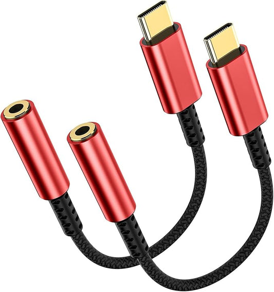 2 Pack USB C to 3.5mm Headphone Jack Adapter – HiFi Audio Dongle, Type C to Aux Female Cable Cord Compatible with iPhone 17/16/15 Pro Max, Samsung S25/S24/S23, iPad Pro, Pixel, MacBook-Red